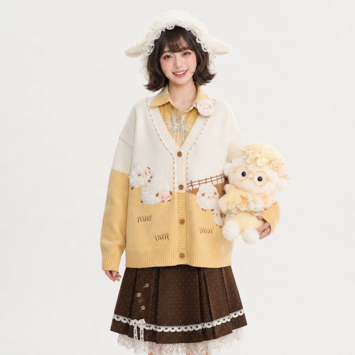 森女部落V领针织开衫女2026新款可爱风小羊刺绣宽松秋冬毛衣外套