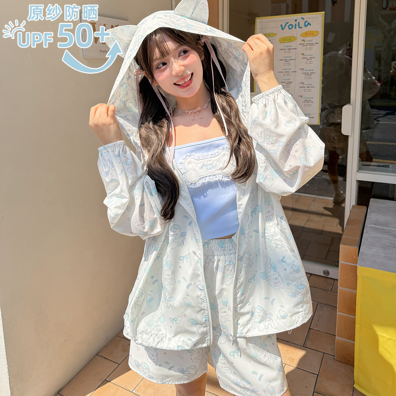 森女部落原创设计感可爱猫咪印花upf50+原纱防晒服连帽宽松外套女