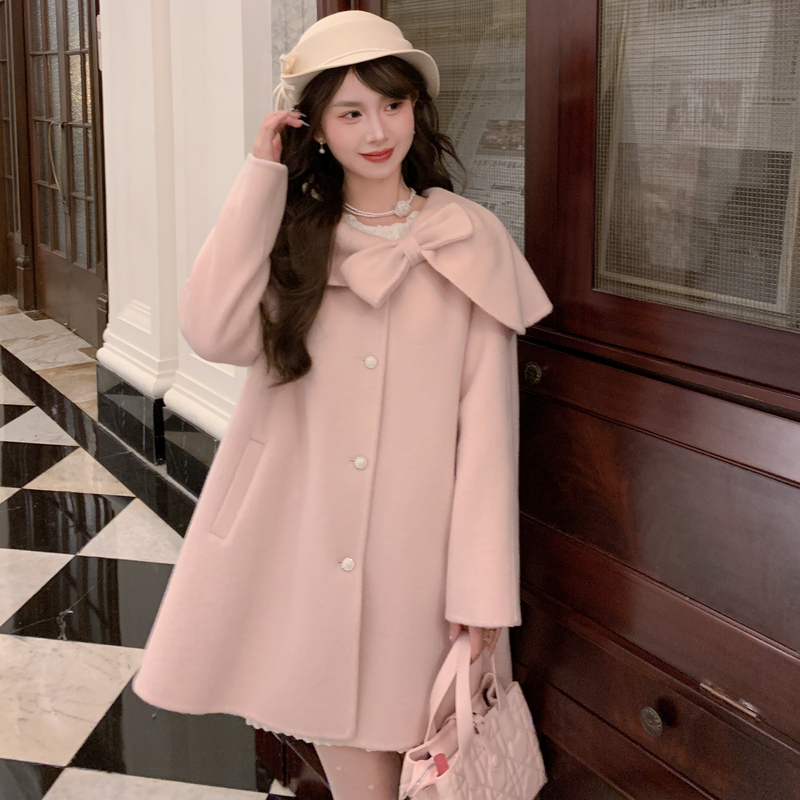 森女部落甜美风保暖宽松毛呢外套女新款法式设计感双面呢大衣冬季