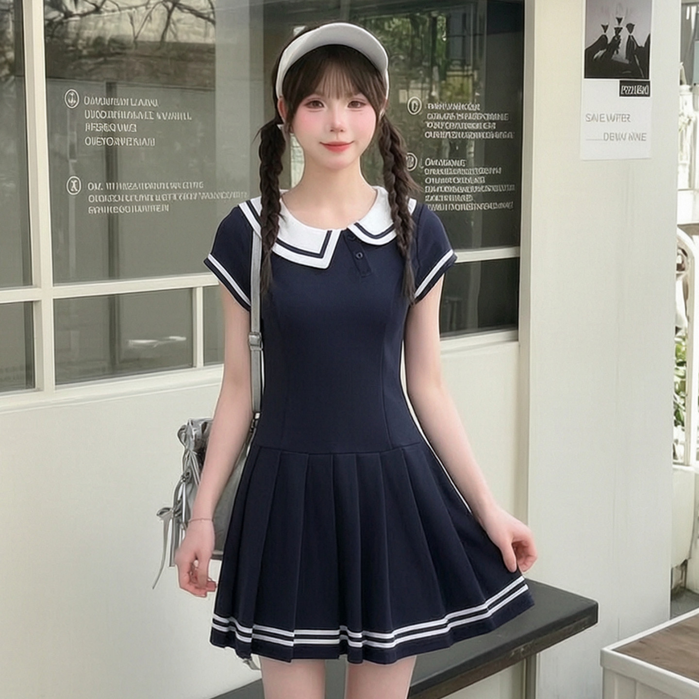 森女部落旗舰店学院风连衣裙2026新款娃娃领撞色设计感收腰百褶裙