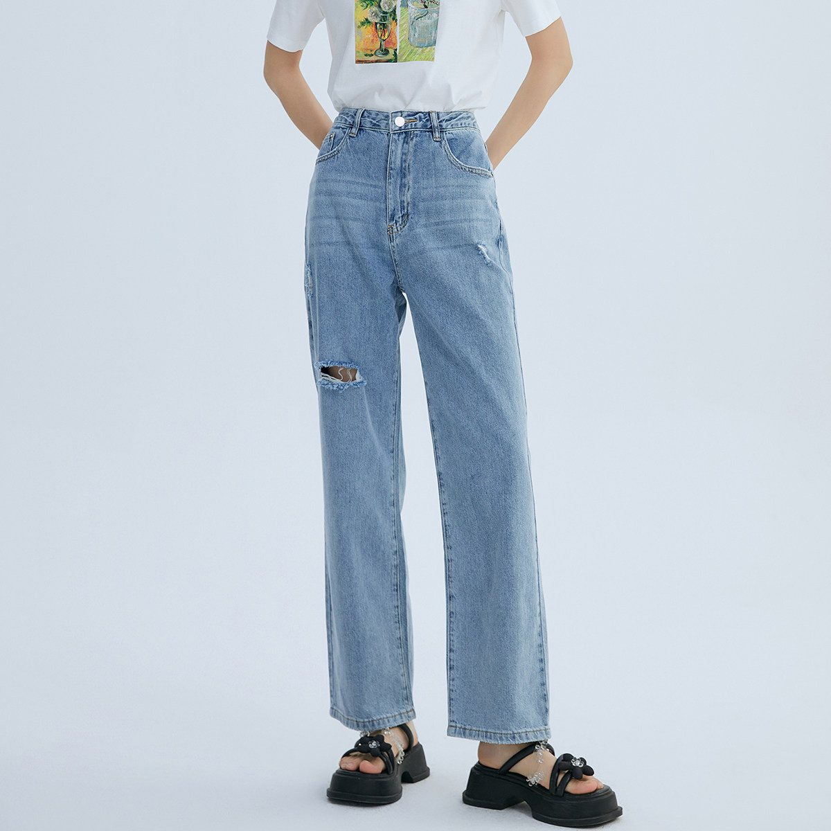 lucidy鲁思蒂牛仔裤2024年新款女夏季设计感浅色宽松高腰裤子潮