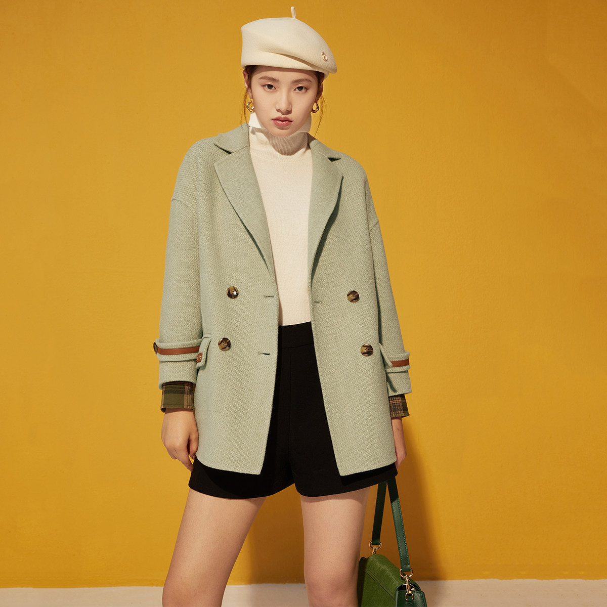 lucidy鲁思蒂23冬新款通勤双排扣中长外套长袖西装领双面呢大衣女