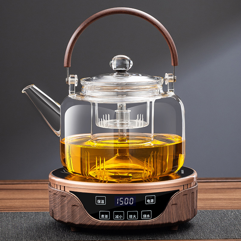 2024新款蒸煮一体全玻璃煮茶壶喷淋式煮茶器大功率黑晶炉煮茶套装