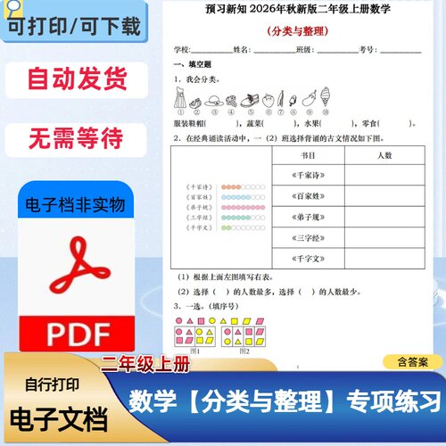 26新人教版小学二年级上册数学分类与整理专项练习题PDF电子档