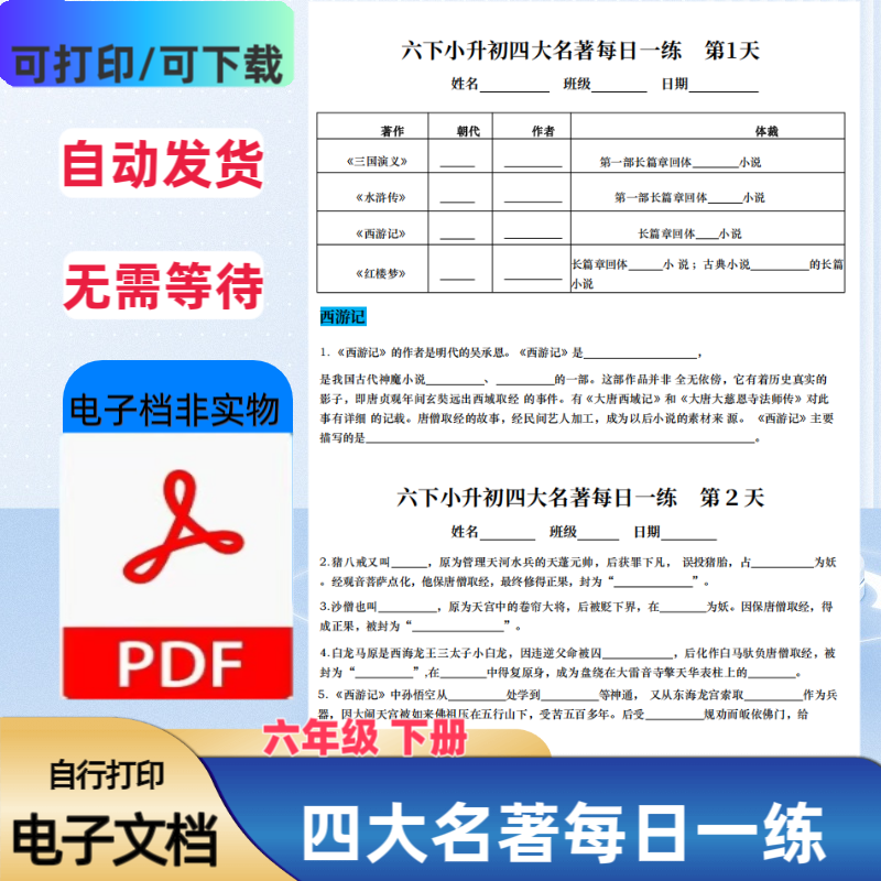 小学六年级下册四大名著每日一练无答案23天考点精练PDF电子档