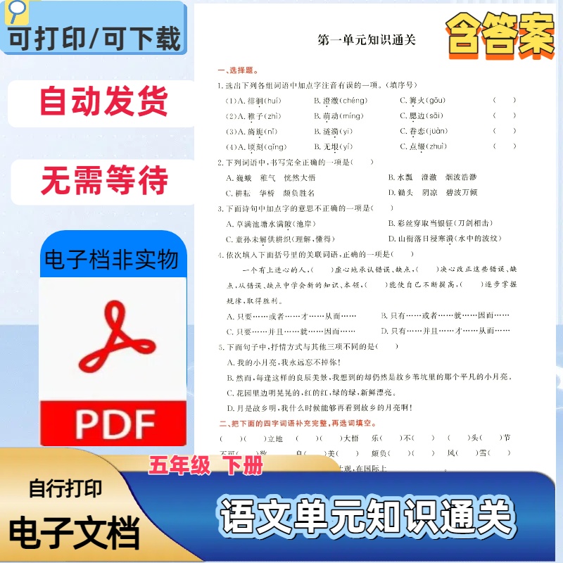 人教版小学五年级下册语文单元知识通关练习含答案PDF电子档