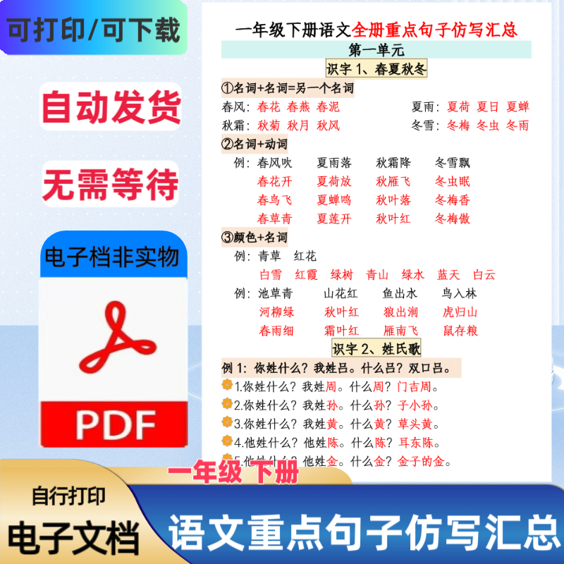 小学一年级下册语文全册重点句子仿写汇总同步课本PDF电子档