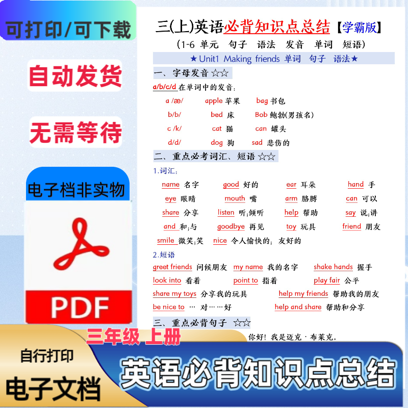 人教PEP版三年级上册英语重要知识点总结课内重难点PDF电子档