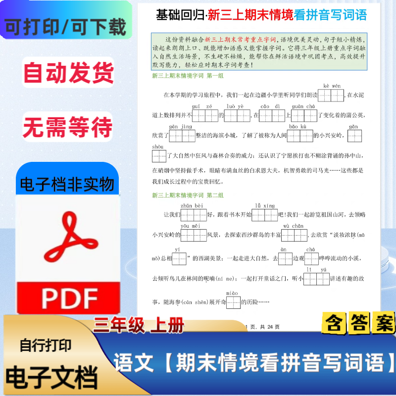 25新小学三年级上册语文期末情景看拼音写词语基础回归PDF电子档