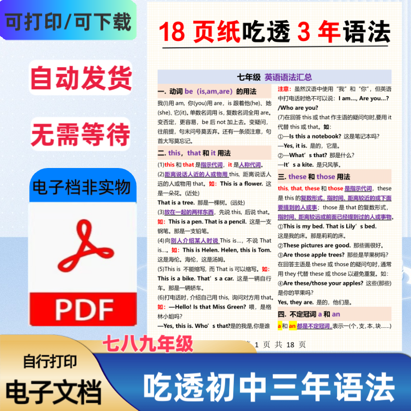 初中英语初中三年语法带彩色标识共18页吃透3年英语语法电子版PDF