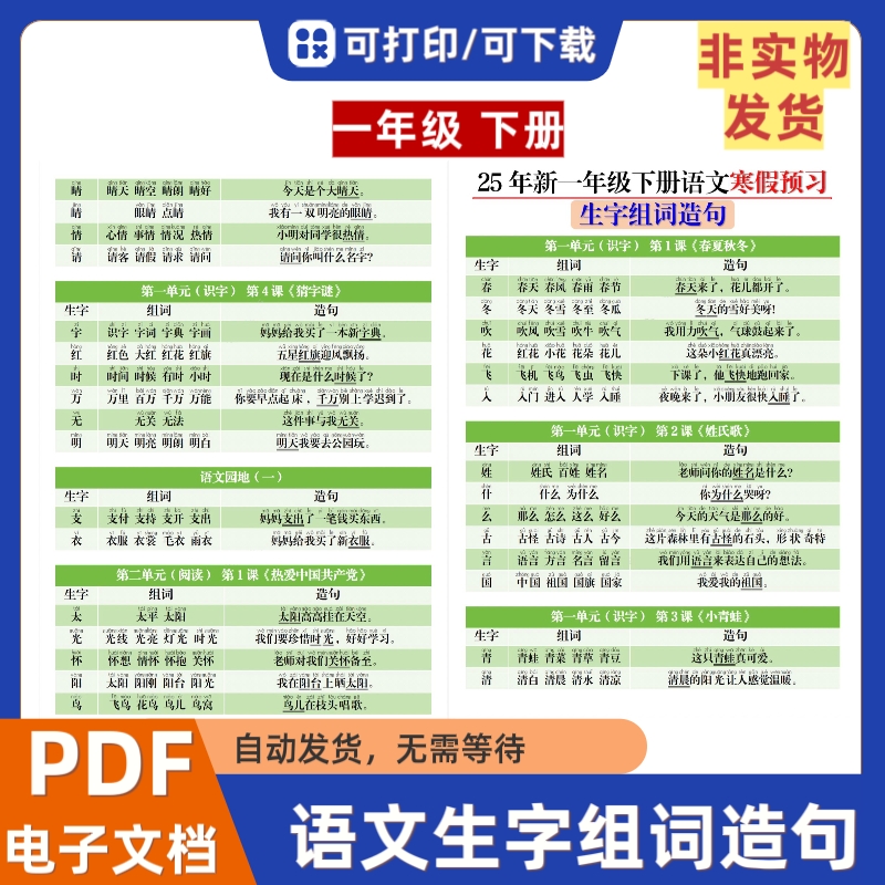 2025年新版人教版一年级下册语文生字组词造句生字表电子档PDF