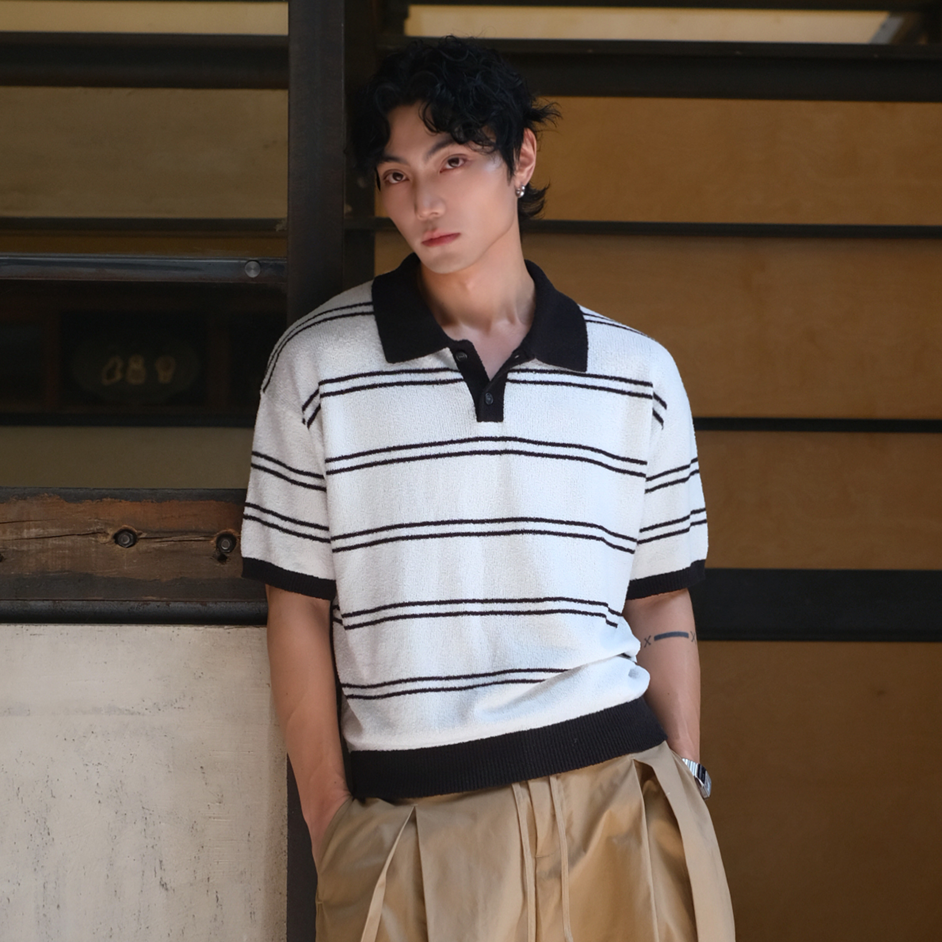oarism纸感羊毛圈条纹Polo