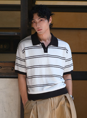 oarism 25SS 纸感羊毛圈条纹Polo新品男短宽休闲简约通勤翻领短袖