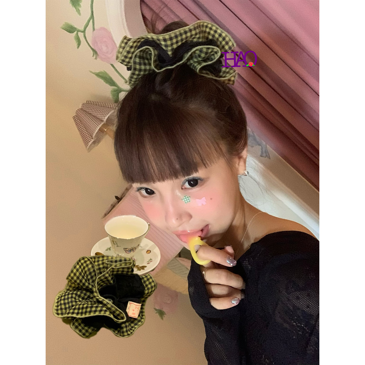 好好好！纯手工少女法式格纹拼接双面戴四层发圈小袖子