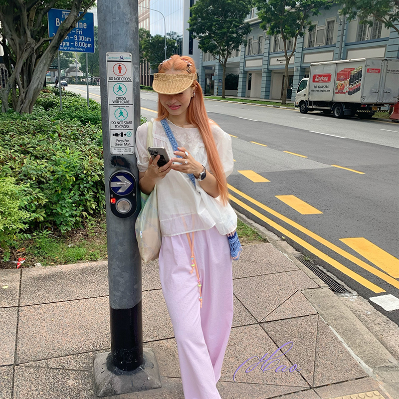 好好好商店！奶粉色松紧腰DIY色彩串珠遛弯长裤五分裤