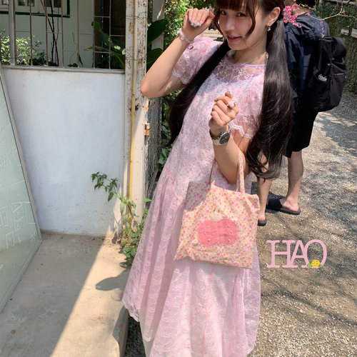 好好好！纯手工重工蕾丝公主袖搭配款粉嫩花氛围感网纱连衣裙遮罩