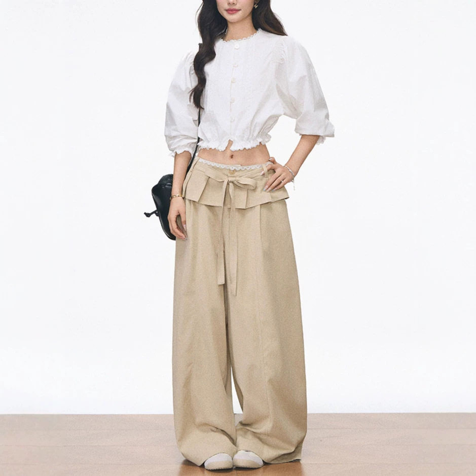 【4.30新品】WESTAYO 七分袖衬衫女韩系通勤+卡其色荷叶边阔腿裤