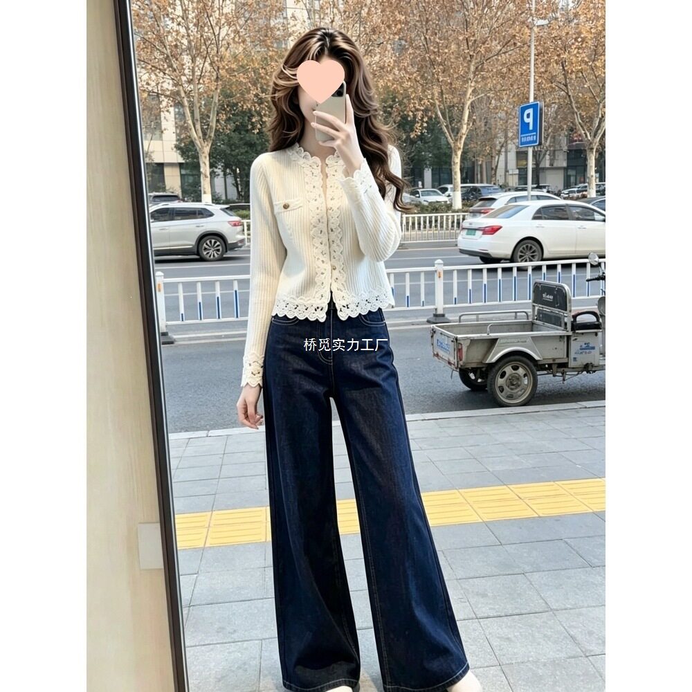 巨好看的穿搭一整套女韩版大方得体设计感蕾丝拼接毛衣牛仔裤套装