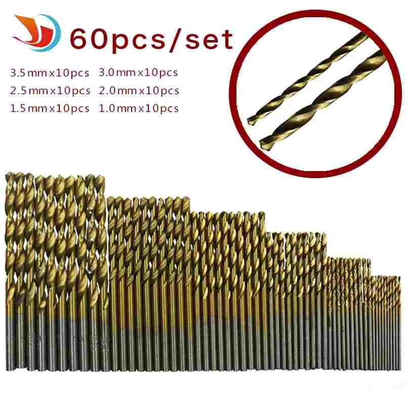 60pcs 高速钢镀钛麻花钻头 直柄钻头1/1.5/2/2.5/3/3.5mm 各10支