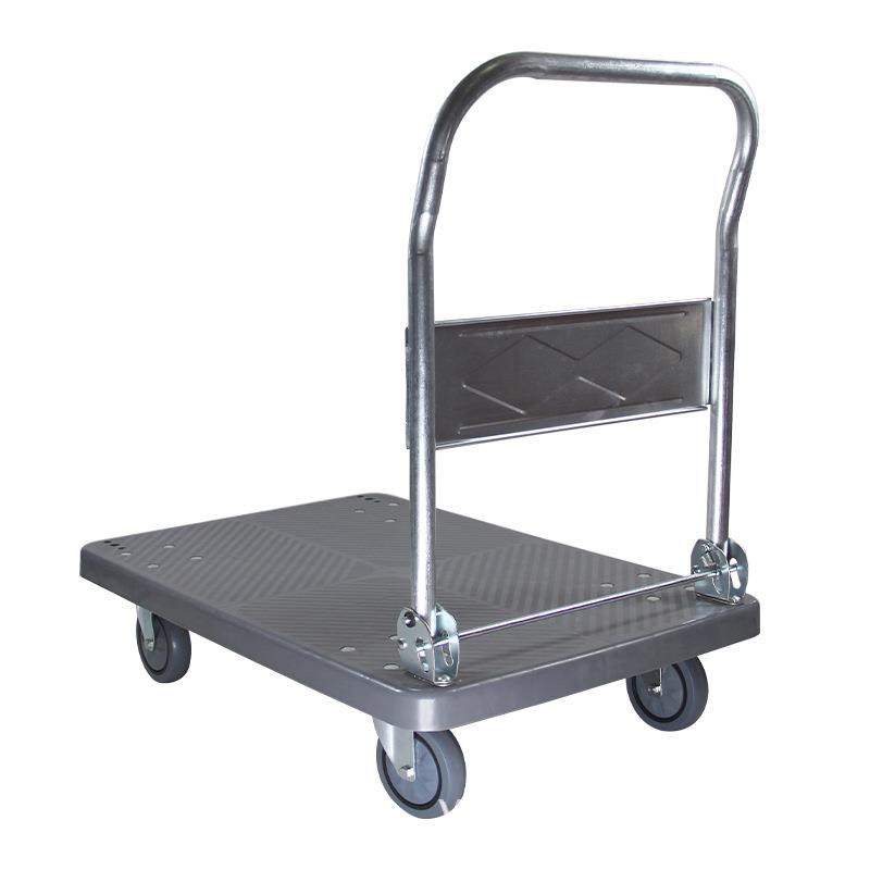 灰色单层塑料手推车超市拉货平板车家用折叠快递小推车仓库拉货车