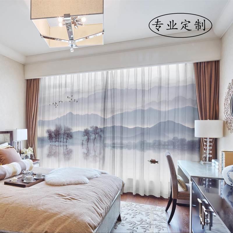 新中式禅意水墨山水画中国风茶室窗帘窗纱2024年新款客厅隔断纱帘