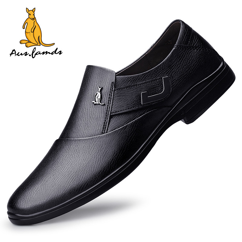 澳洲名袋鼠冬季加厚一脚蹬商务皮鞋男软底真皮百搭防滑休闲男鞋子