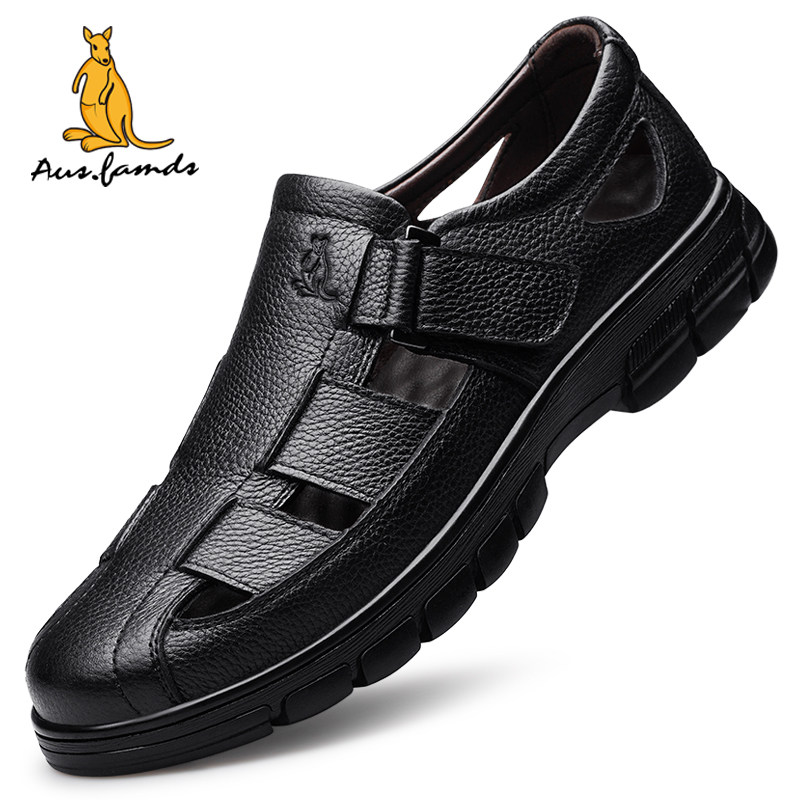 澳洲名袋鼠凉鞋夏季真皮透气镂空软底沙滩休闲越南鞋男士包头拖鞋