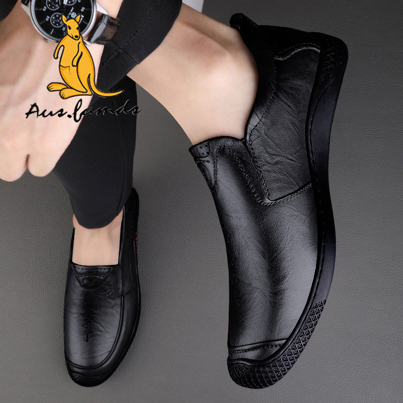 澳洲名袋鼠冬季新款加绒保暖真皮休闲皮鞋男一脚蹬商务爸爸鞋子男