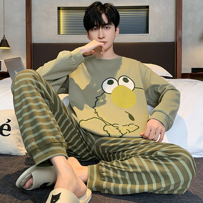 全棉纯棉春秋睡衣男士纯棉长袖青少年加肥加大码春夏季卡通学生中