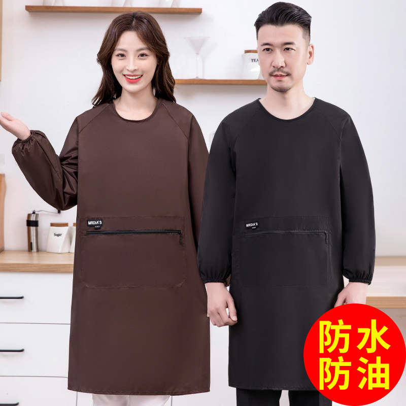简约纯色防水防油罩衣家用厨房长袖围裙定制logo印字广告工作服男