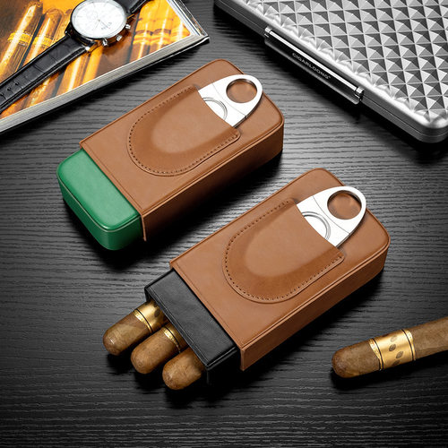 茄龙雪茄套方形皮革配雪茄刀便携式时尚雪茄保湿套三支装CG-II1