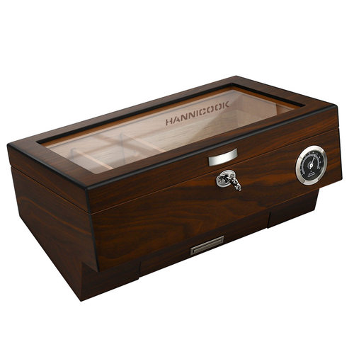 HANNICOOK雪茄保湿盒 雪松木烤漆透视天窗大容量家用雪茄盒保湿箱