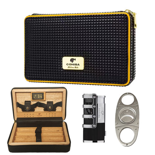 现货便携雪茄盒四支装烟具套装雪松木雪茄保湿皮套带雪茄刀打火机