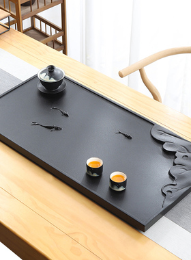 天然乌金石茶盘单盘家用简约茶具客厅整块高档石头浮雕茶台盘托盘