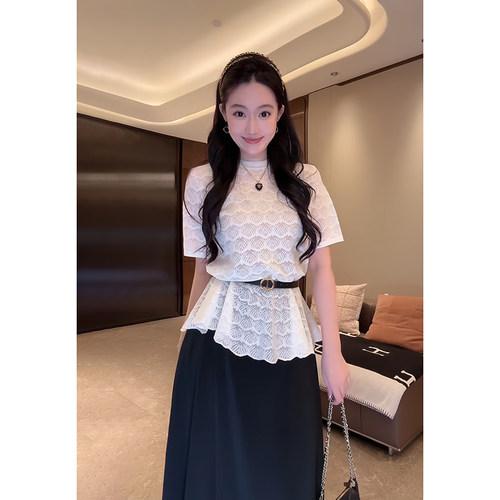 大李plus莱赛尔亚麻醋酸贝壳提花针织衫女夏季圆领鱼尾下摆上衣