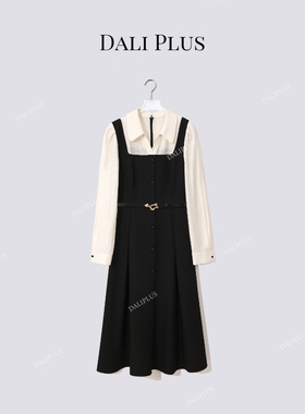 大李plus“假两件撞色衬衫裙”醋酸天丝麻赫本风连衣裙-D5SS7298