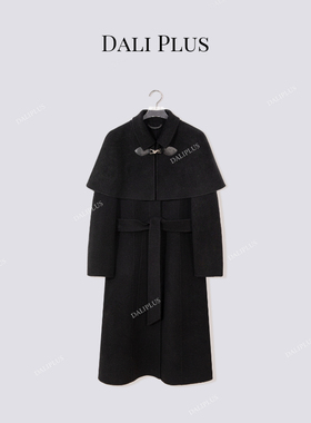 “斗篷满分羊毛大衣”牛皮披肩长款双面呢大衣-D5TY0148