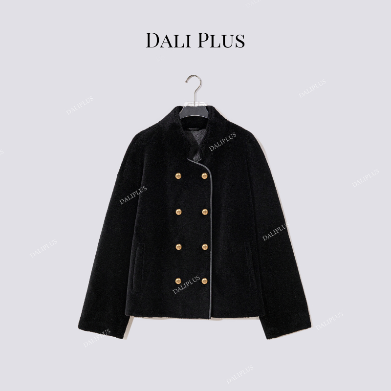 “黑金毛毛外套”100绵羊毛立领双排扣外套-D5SZ8174