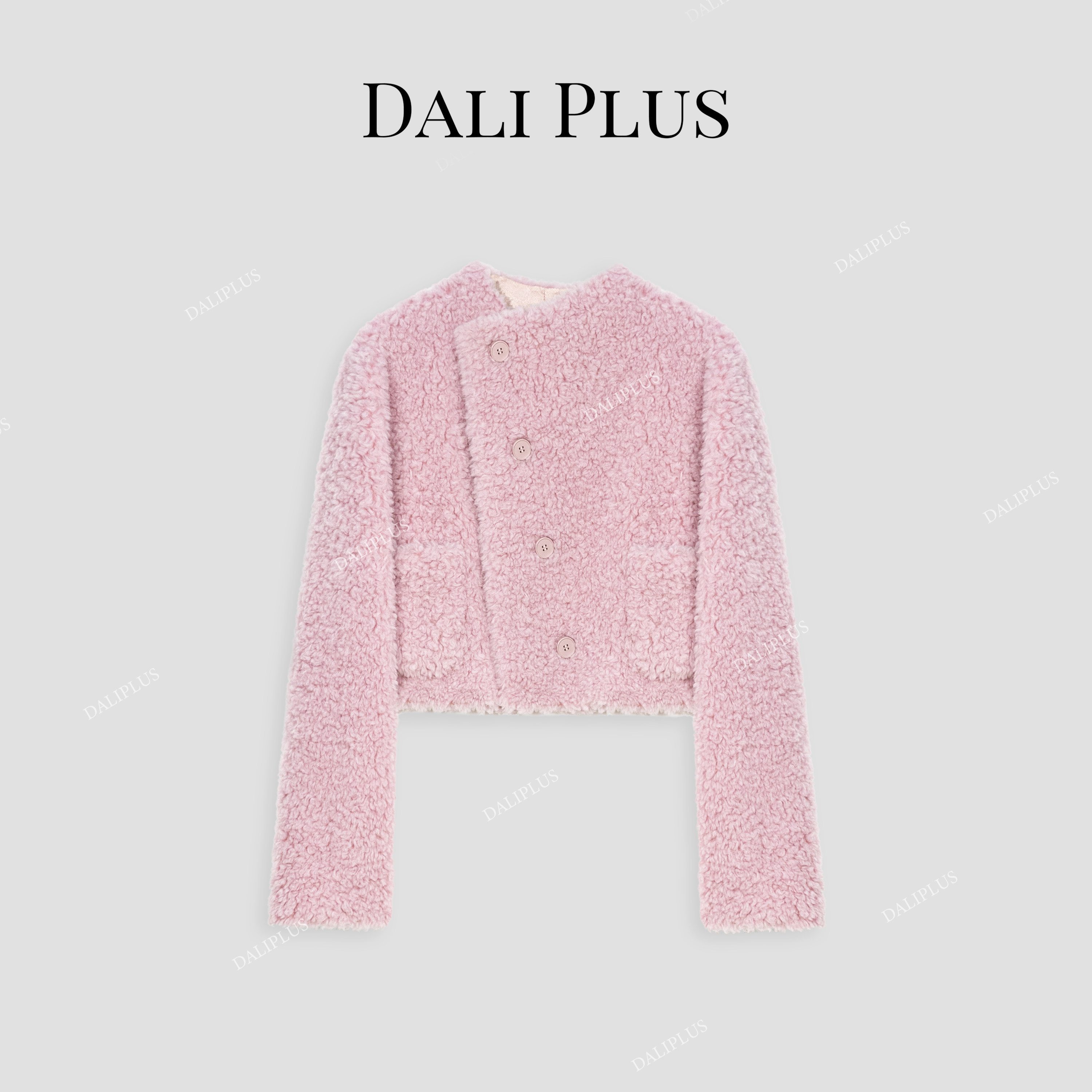 大李plus 粉色毛呢外套女秋季斜门襟短款100%羊毛大衣-D4MM0295