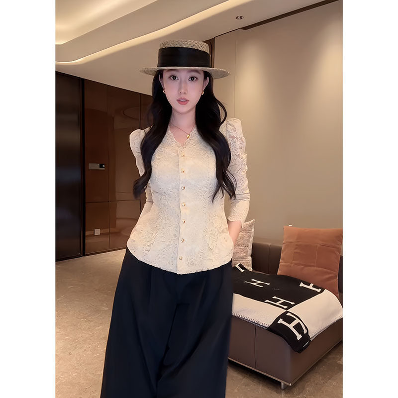 大李plus掐腰透感法蕾打底衬衫女秋季收腰V领蕾丝长袖小衫上衣