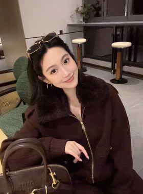 毛领夹克柔和垂坠阔腿裤绒面套装