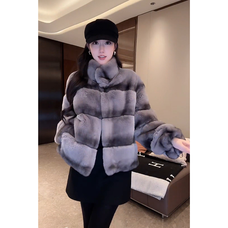 大李plus“进口青蓝灰獭兔毛皮草‘’横排皮草外套-D5MM3336