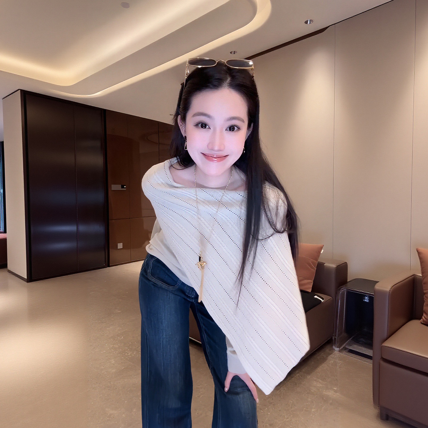 大李plus不规则斜领披肩针织衫女秋季绵羊毛混纺一字肩设计感上衣