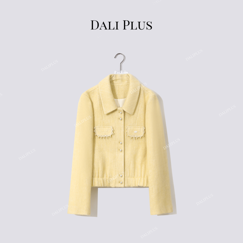 “马海毛羊毛拉绒外套”口袋手工镶嵌珍珠织带-D5CH4664