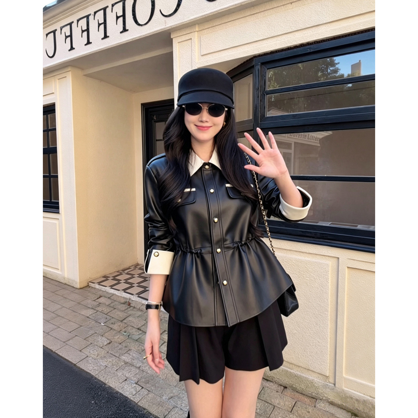 大李plus黑白撞色头层绵羊皮衣女秋季收腰设计感时尚气质翻领外套