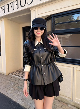 大李plus黑白撞色头层绵羊皮衣女秋季收腰设计感时尚气质翻领外套
