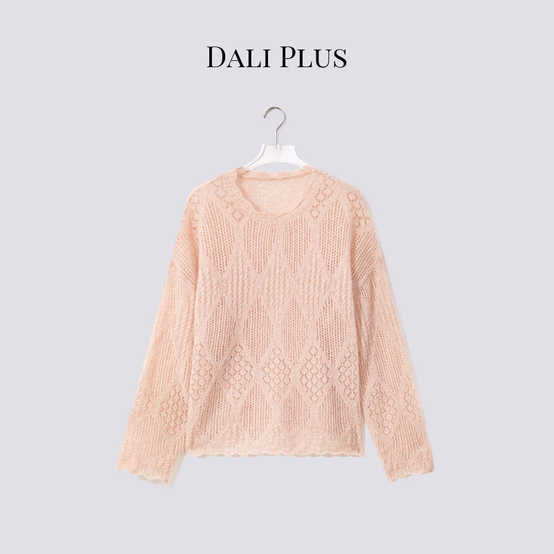 DALI PLUS“波浪边马海毛毛衣”浅色系蕾丝镂空长袖针织-D5MM2548