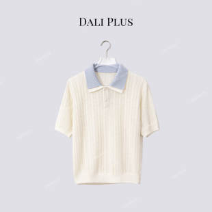 大李plus“100绵羊毛 ”撞色双层POLO领麻花短袖针织-D5CH4695