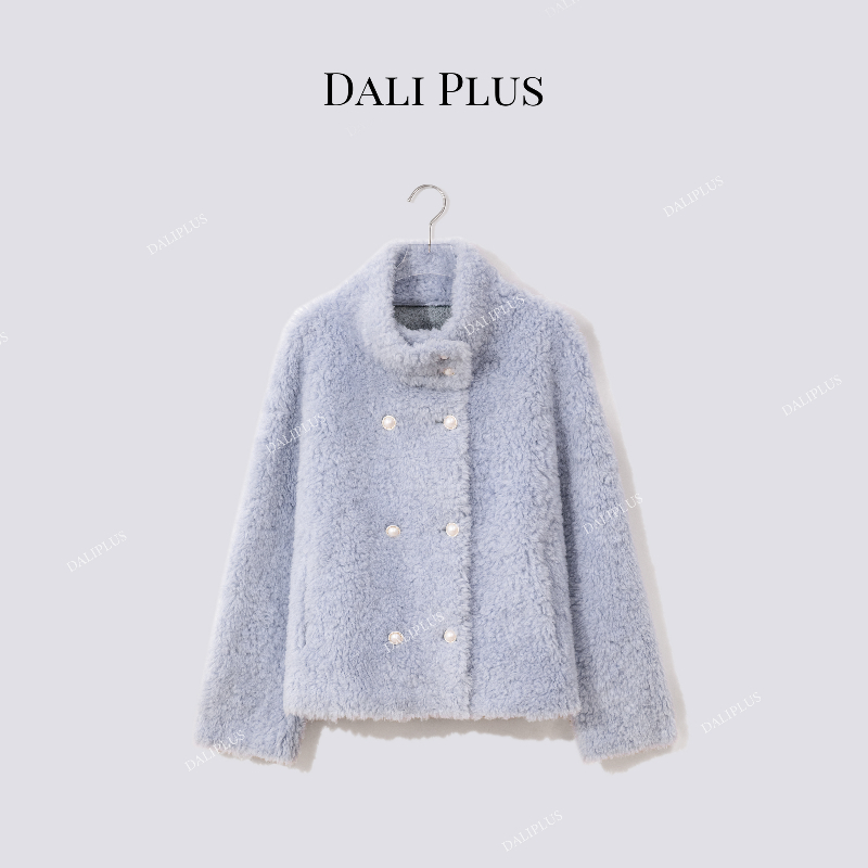 DALI PLUS“奶蓝色100绵羊毛颗粒毛”双排扣立领外套-D5MM2654