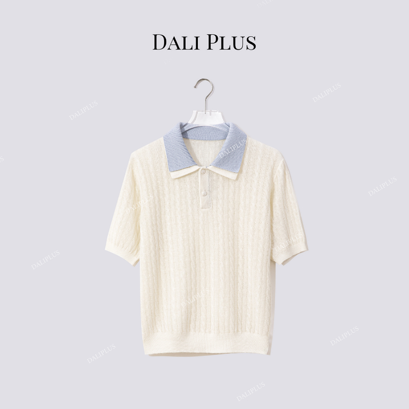 “100绵羊毛 ”撞色双层POLO领麻花短袖针织-D5CH4695
